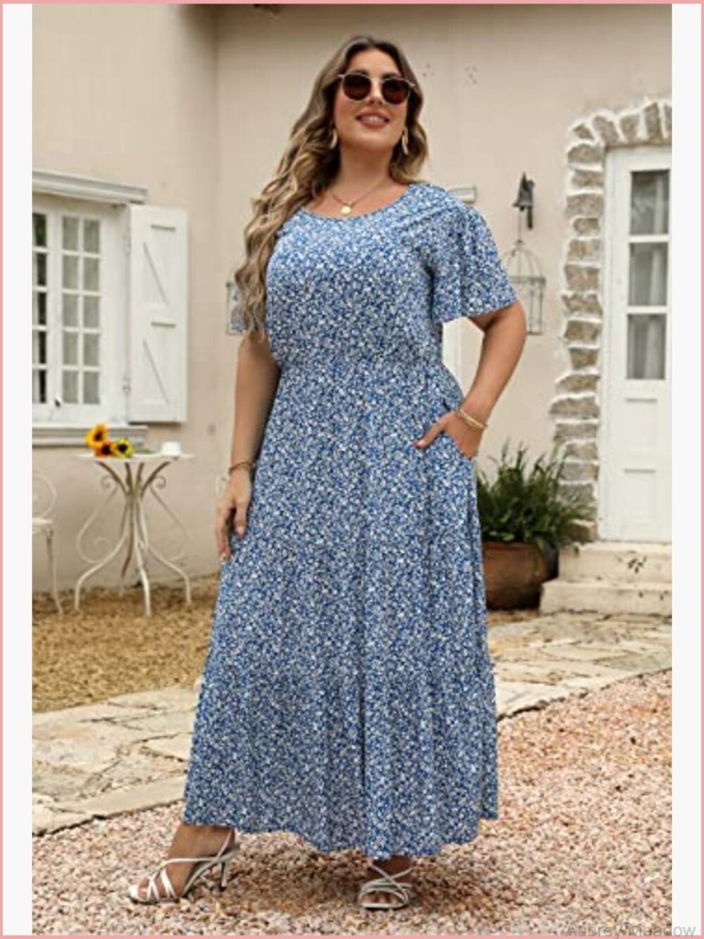 Plus Size Maxi Dress Bohemian Floral Print Layered Flared Long Dress with - Picture 3 of 7